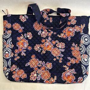 Quilted Large Floral Tote Zip Top Side Pockets Blue Orange 15”X14.5” X3.5”